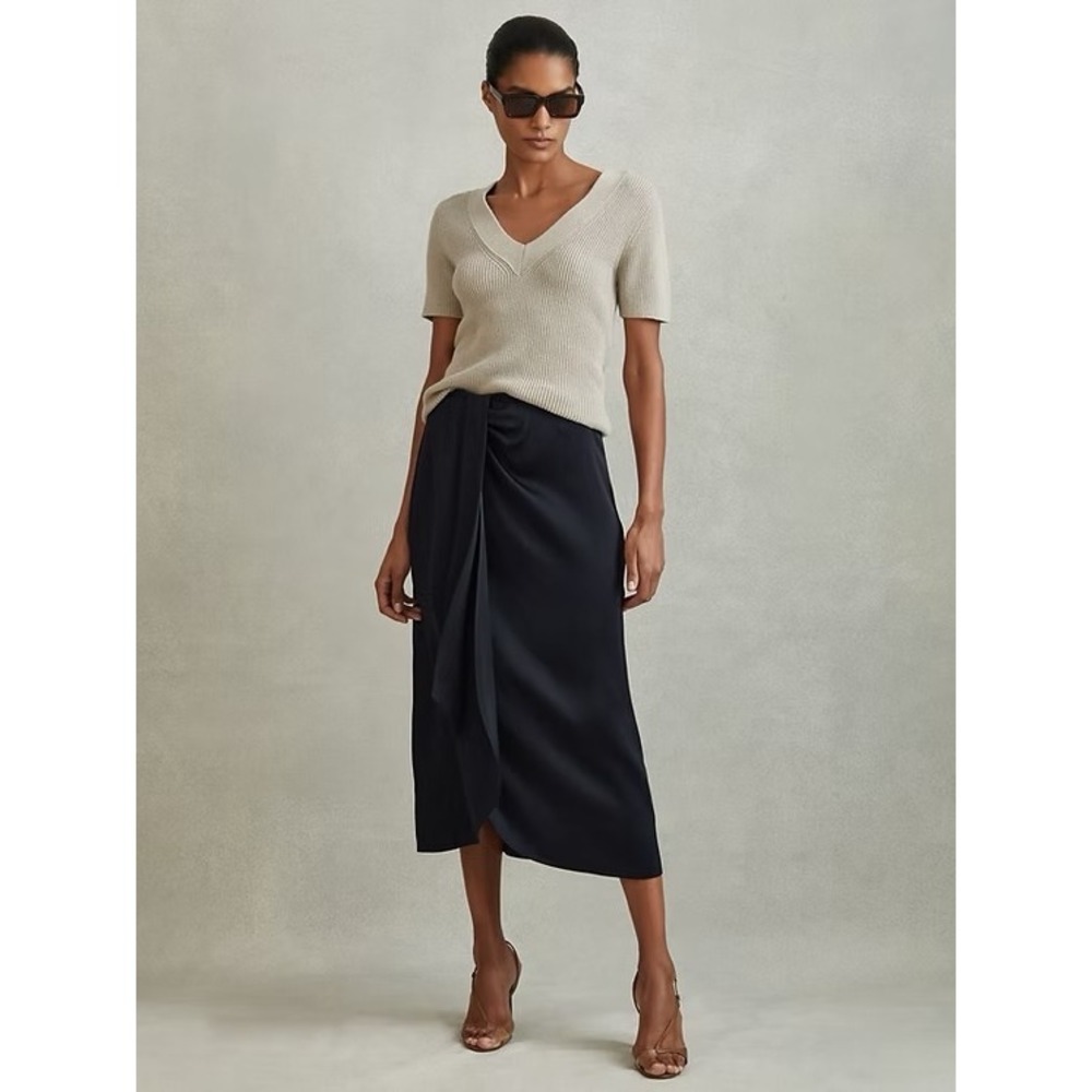 NWT REISS Bella High Rise Navy MIDI Skirt / MSRP‎ $285 / Sizes 2 & 6 / Silky